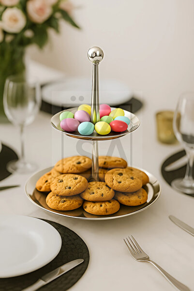 ÖzSa Home Medium Silver Tiered Presentation Catering Plate 18/10 Stainless Steel