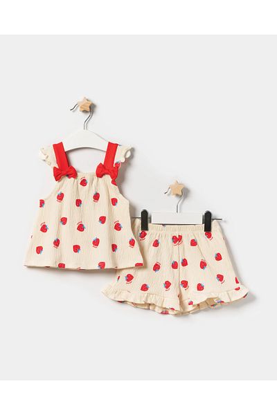 Momercy Knitted Muslin Strawberry Patterned Shorts Baby Girl Summer Double Set