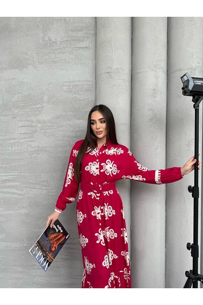Mezka Ethnic Patterned Viscose Long Sleeve Belted Dress