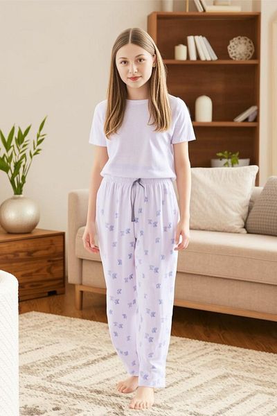 Elemge 2 Pack Patterned Women's Pajama Bottom Comfortable Fit with Ribbon Relaxfit Stretchy Red-White Soft