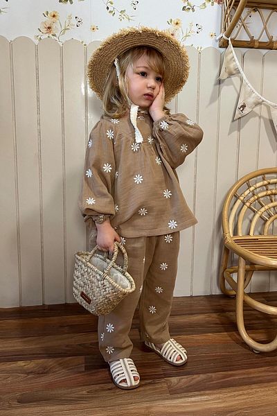 Mioma Kids Embroidered Muslin Set Milk Coffee