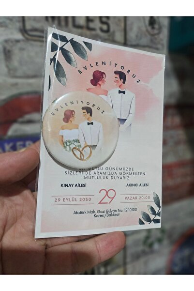 SOFT 20 Adet Evleniyoruz Davetiye 10x15 kart 58mm Rozet Magnetli ve Açacaklı