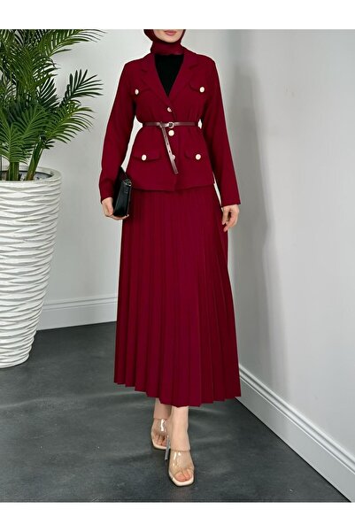 MACMODA Eteği Piliseli Kemerli Düğmeli Ceketli Takım