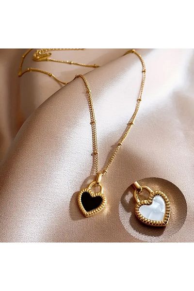 Takıtolia Shade - Double Sided Black and White Heart Stainless Steel Unisex Necklace