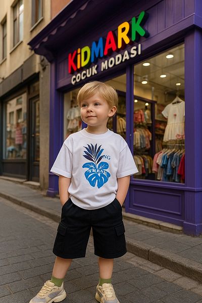 Kidmark Çocuk Modası بدلة صيفية للأولاد مع شورت منقوش بأوراق الشجر