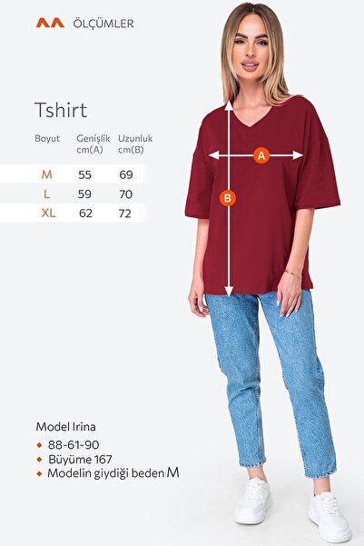 Happy Fox V-Neck Unprinted Oversize Women's T-shirt - Cotton and Lycra, Basic Claret Red