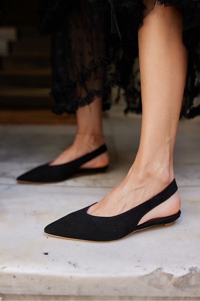 ANGELİNA JONES Vera Women's Black Real Suet Slingback Mini Heeled Shoes