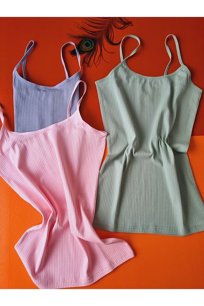 Demirsa Boutique Cotton Corded Rope Strap Çağla Green, Pink and Blue Color Ribbed Women's Undershirt 3-Pack