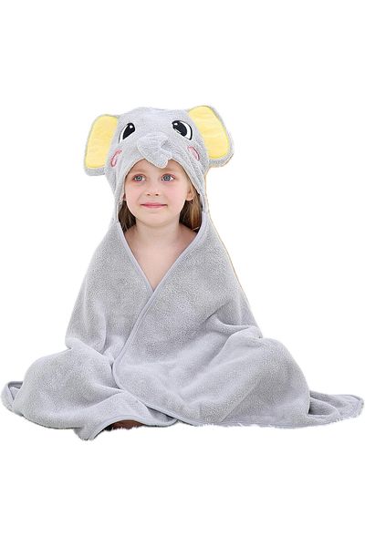 EvrikaUnity Prosop de Baie cu Gluga pentru Copii, Model Elefant, Super Absorbant, Moale si Pufos, 120x70 cm, Gri