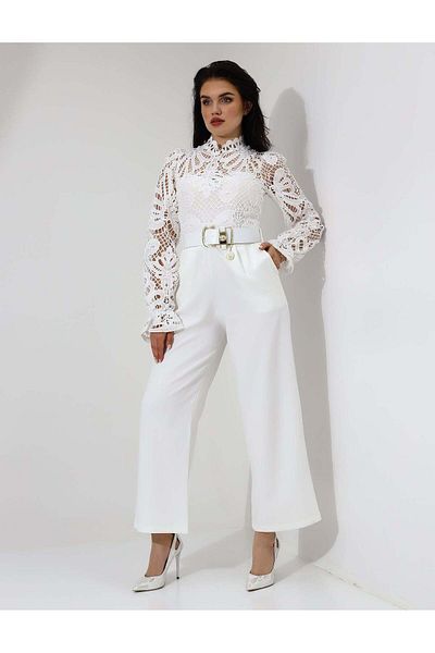 Stayele Elegant White Lace High-Neck Jumpsuit with Belt