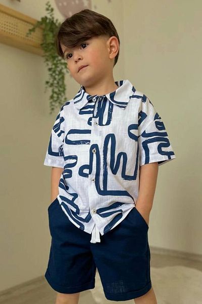 Kidmark Çocuk Modası Boy's Patterned Shirt and Shorts Summer Suit