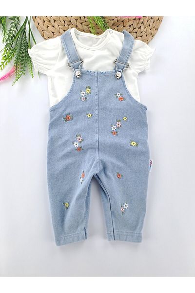 Butik Girl / Baby Denim Salopet Jumpsuit T-Shirt Two Piece Set Flower Embroidered 100% Organic Cotton Premium