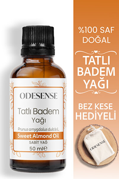 ODESENSE Tatlı Badem Yağı 50 ml Soğuk Sıkım %100 Doğal Saf Kaş Kirpik Cilt Saç Bakım Yağı Bez Kese Hediyeli
