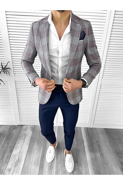 dehaine Men's Slim Fit Checkered Jacket 1181 Burgundy