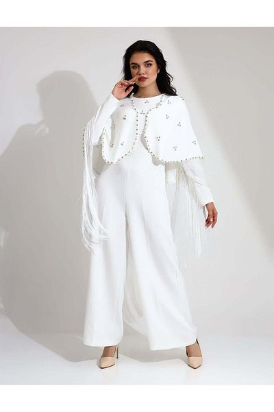Stayele Elegant White Jumpsuit with Embellished Cape