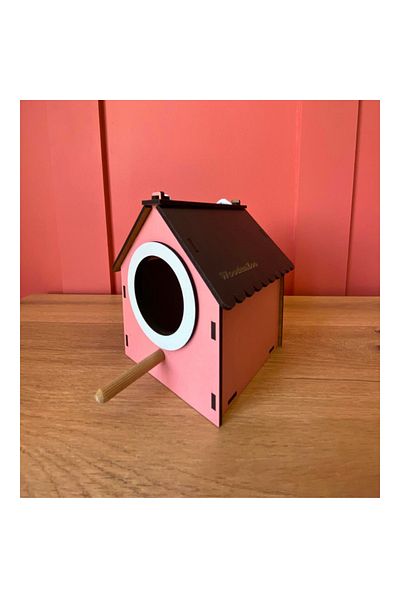 WoodenZoo عش بيت الطيور الخشبي المزخرف، عش، شرفة، ملحقات الحديقة (وردي)