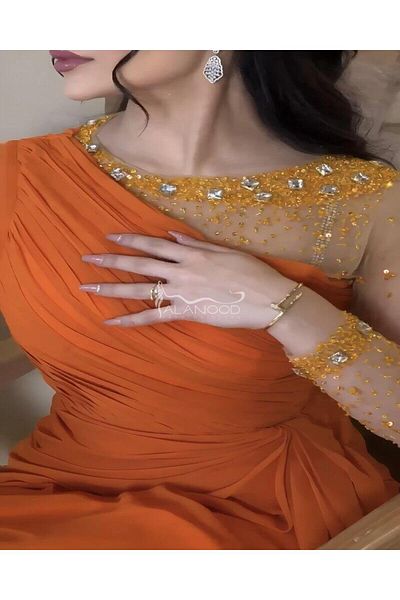 ALANOOD FASHION Soft orange one-sleeve embroidered dress