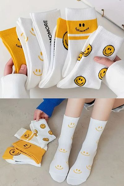 Esinti 6 Pairs Orange White Socket Socks Smile Patterned Multicolor Unisex College Socks 6 Pieces