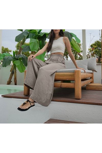 nidistore Khaki Color Elastic Waist Wide Leg Satin Trousers