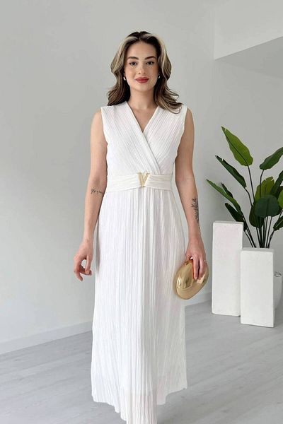 Varyete Double Breasted Collar V Crinkle Fabric Midi Dress with Metal Accessories
