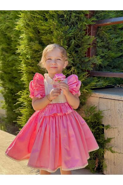 Linarookids Defne Pembe Fiyonklu Vintage Kız Bebek Elbise,Doğum günü elbise,fotoğraf çekim elbise,0-7 Yaş Uygun