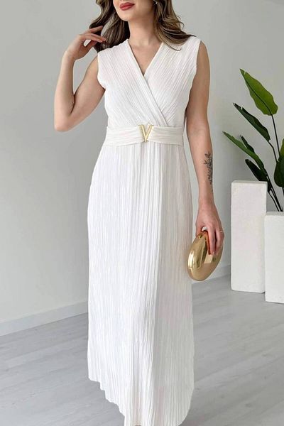 Varyete Double Breasted Collar V Crinkle Fabric Midi Dress with Metal Accessories