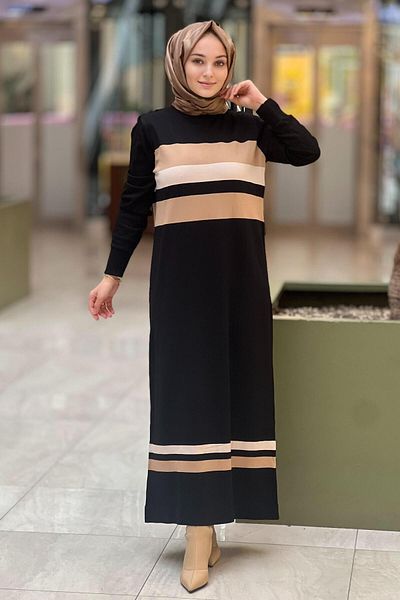 Nuss Mercerized Dress with Colorful Horizontal Stripe on Bust and Hem