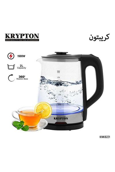 KRYPTON غلاية كهربائية زجاجية - سعة 2 لتر، لاسلكية، إيقاف تشغيل تلقائي، غليان سريع، خالية من مادة BPA، سهلة التنظيف