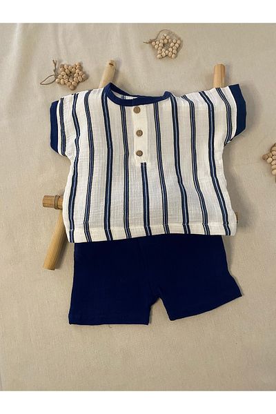 Balbadem baby kids Striped T-Shirt+Shorts Muslin Fabric Baby Boy Suit Navy Blue 9-24 Months