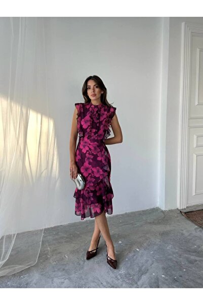 İZYA Flora Rose Printed Chiffon Midi Dress