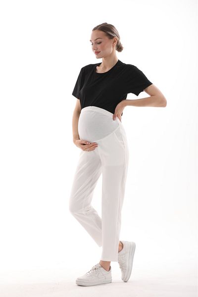 BIG LESSON Maternity Plus Size Stretchy Tummy Band Adjustable Mom Fit Classic Gabardine Pants White