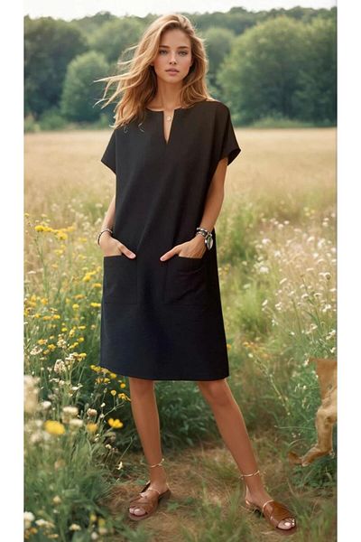 Pasaklı Giyim Rochie midi de vară, neagră, specială, texturată, pentru femei, cu buzunare 3655264