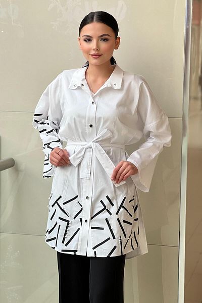 Ghisa Skirt Hem Patterned Pearled Belted Cotton Shirt