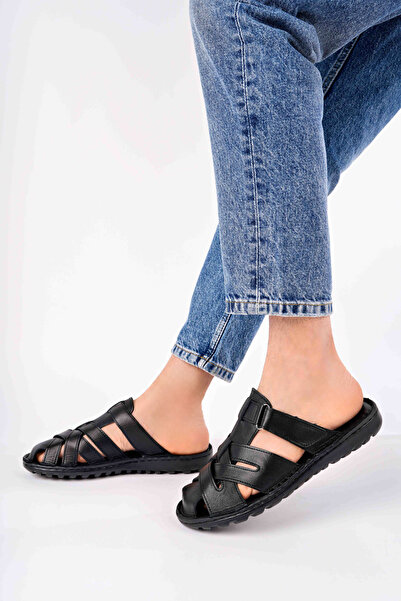 Akgün Terlik Erkek Hakiki Deri Siyah Burnu Kapalı Comfort Taban Rahat Terlik