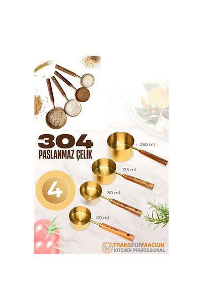 ModaCar 4-Piece Measuring Cup 304 Stainless Steel Solid Wood Handle