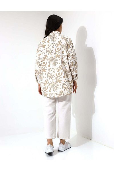 Stayele Beige Patterned Button Down Shirt Wide Leg Pants Set