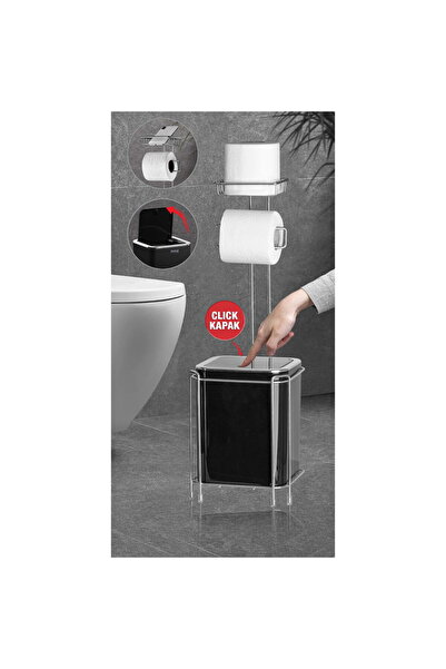 Metalife Redundant Wc Roll Holder and Square Trash Can Set - Black / Chrome