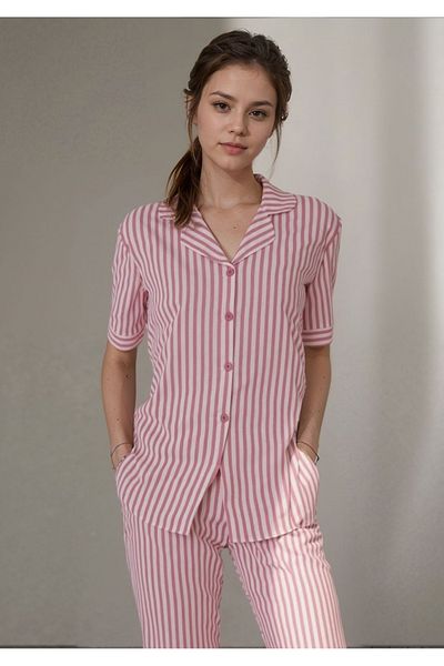 Loule Women's Home Wear Cotton Striped Short Sleeve Pajamas Set O1.L01.Ivsa.06