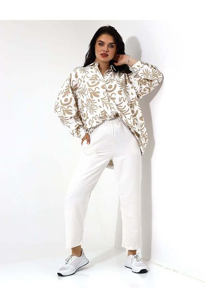Stayele Beige Patterned Button Down Shirt Wide Leg Pants Set