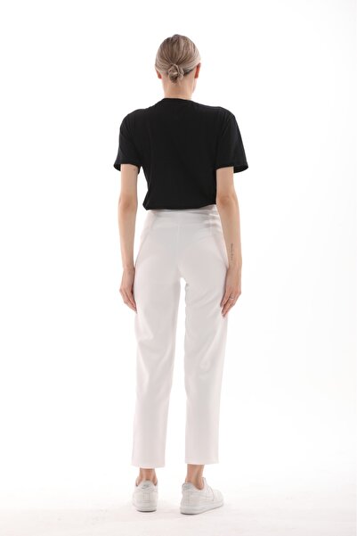 BIG LESSON Maternity Plus Size Stretchy Tummy Band Adjustable Mom Fit Classic Gabardine Pants White