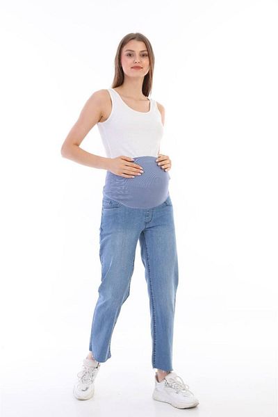 BIG LESSON Maternity Stretchy Tummy Band Waist Adjustable Mom Fit Jeans Pants Blue