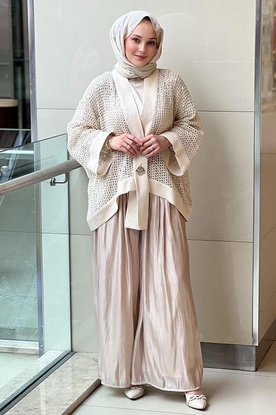 MİANOTTE Mianotte Mesh Jacket Wrinkle Satin Pants Suit