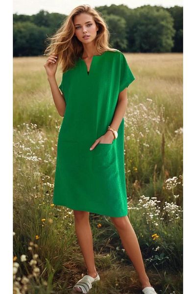 Pasaklı Giyim Rochie midi de vară, cu buzunare, pentru femei, cu textura specială, de culoare smarald 3655264
