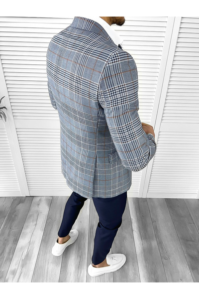 dehaine Sacou pentru barbati, slim fit, in carouri, 1041, albastru