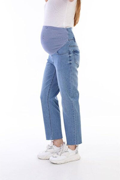 BIG LESSON Hamile Esnek Karın Bantlı Beli Ayarlanabilir Mom Fit Kot Pantolon Mavi