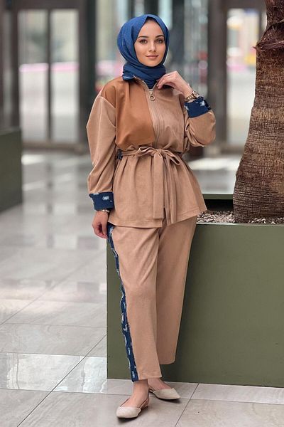 Ghisa طقم بنطلون بياقة وأكمام من الجينز