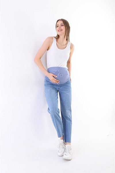 BIG LESSON Maternity Stretchy Tummy Band Waist Adjustable Mom Fit Jeans Pants Blue