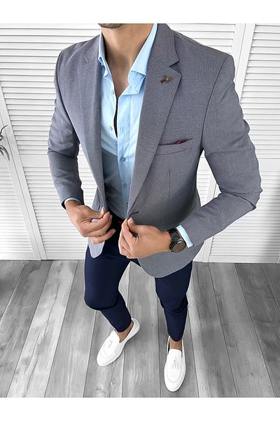 dehaine Sacou pentru barbati, slim fit, in carouri, 964, albastru