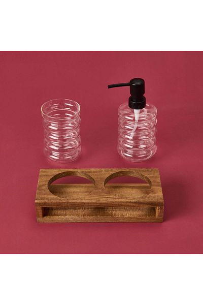 MATMEL Set dozator de săpun lichid din sticlă cu 2 inele - transparent / gri / maro
