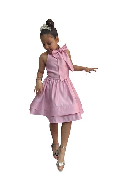 HEPSİMİNNAK Girl's Elegant Satin Bow Pink Dress Evening Dress Graduation Wedding Dress